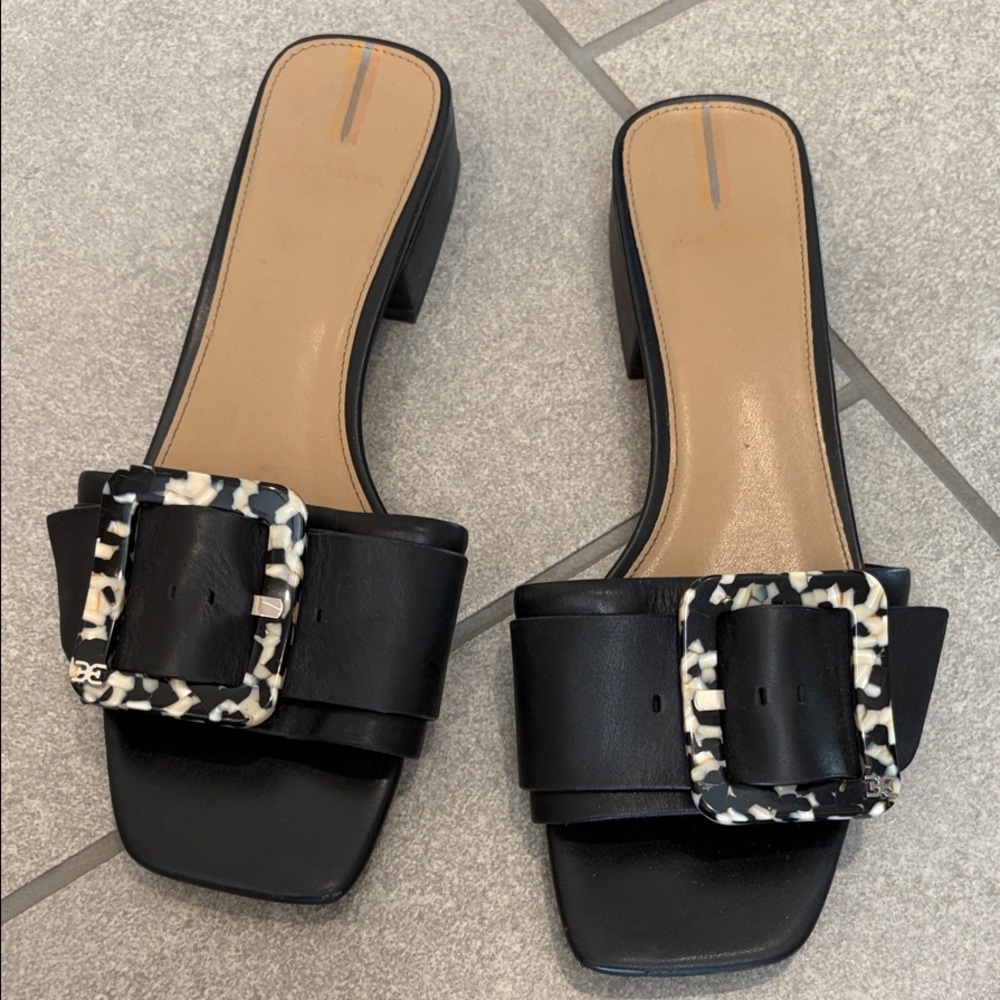 Sam Edelman Signature Collection Dilon Black Mules with Patterned Buckle Leather